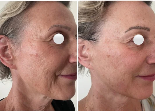 Résultat avant/après d'un soin HIFU double menton et visage : ovale du visage retendu et redessiné